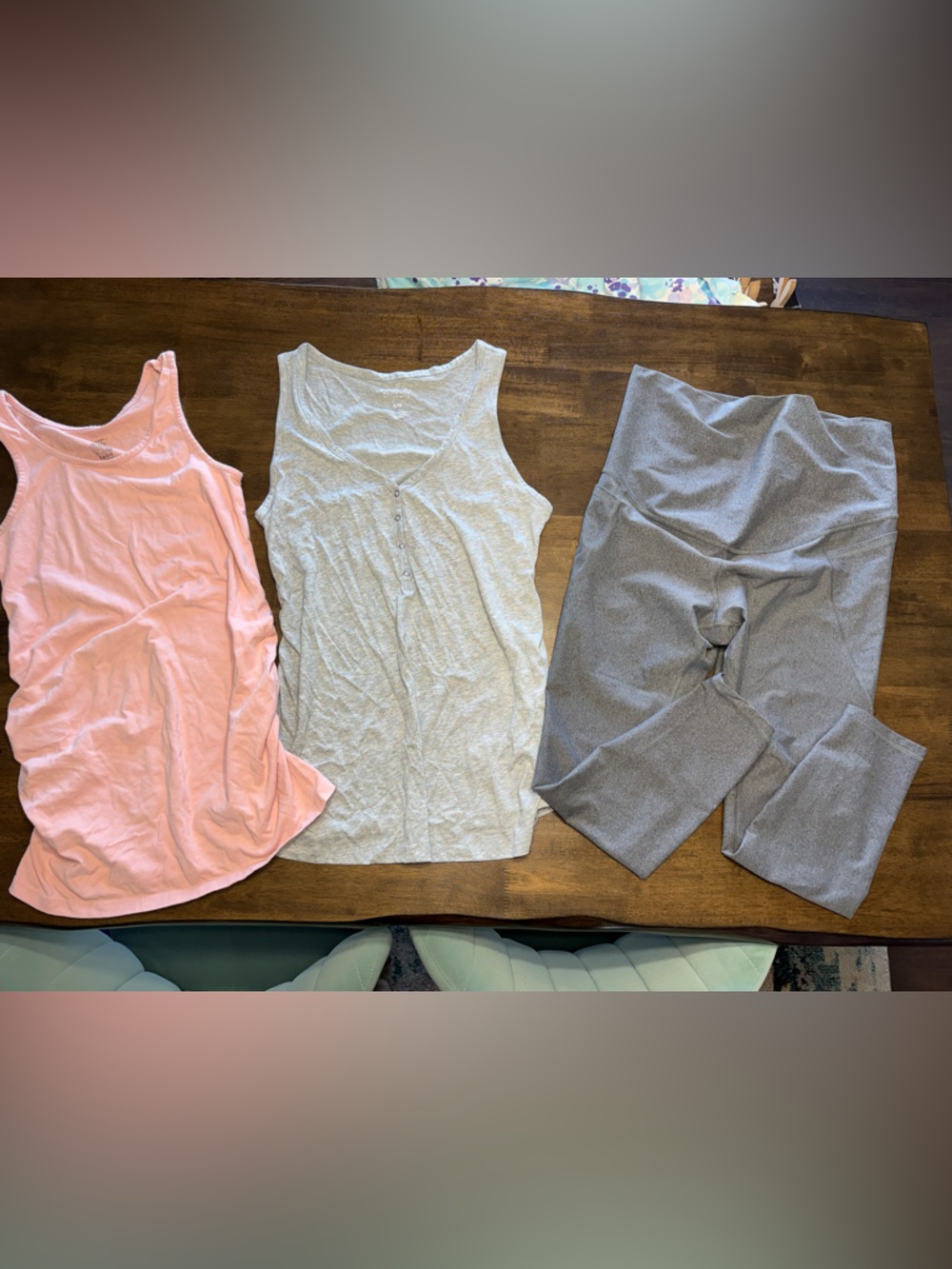 Old Navy Pink Tank, Light Gray Henley Tank, Gray Leggings Bundle MATERNITY